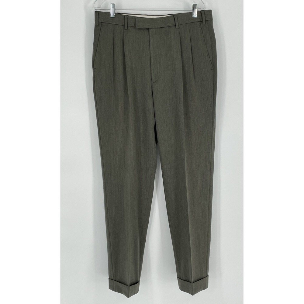 Alexandre Savile Row London Mens 36 Long Pants Olive Green Cuffed Pleated